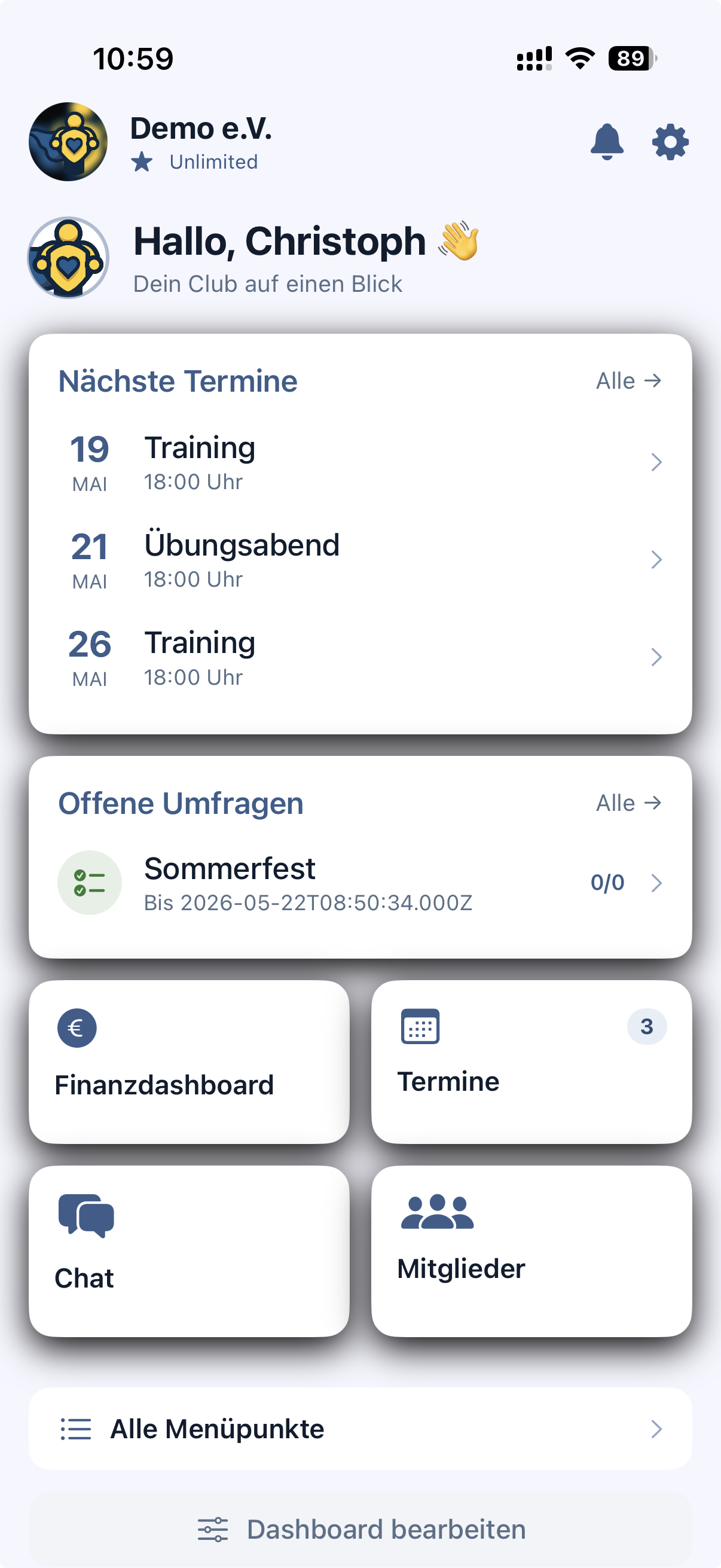 Vereinsheld App Home Screen